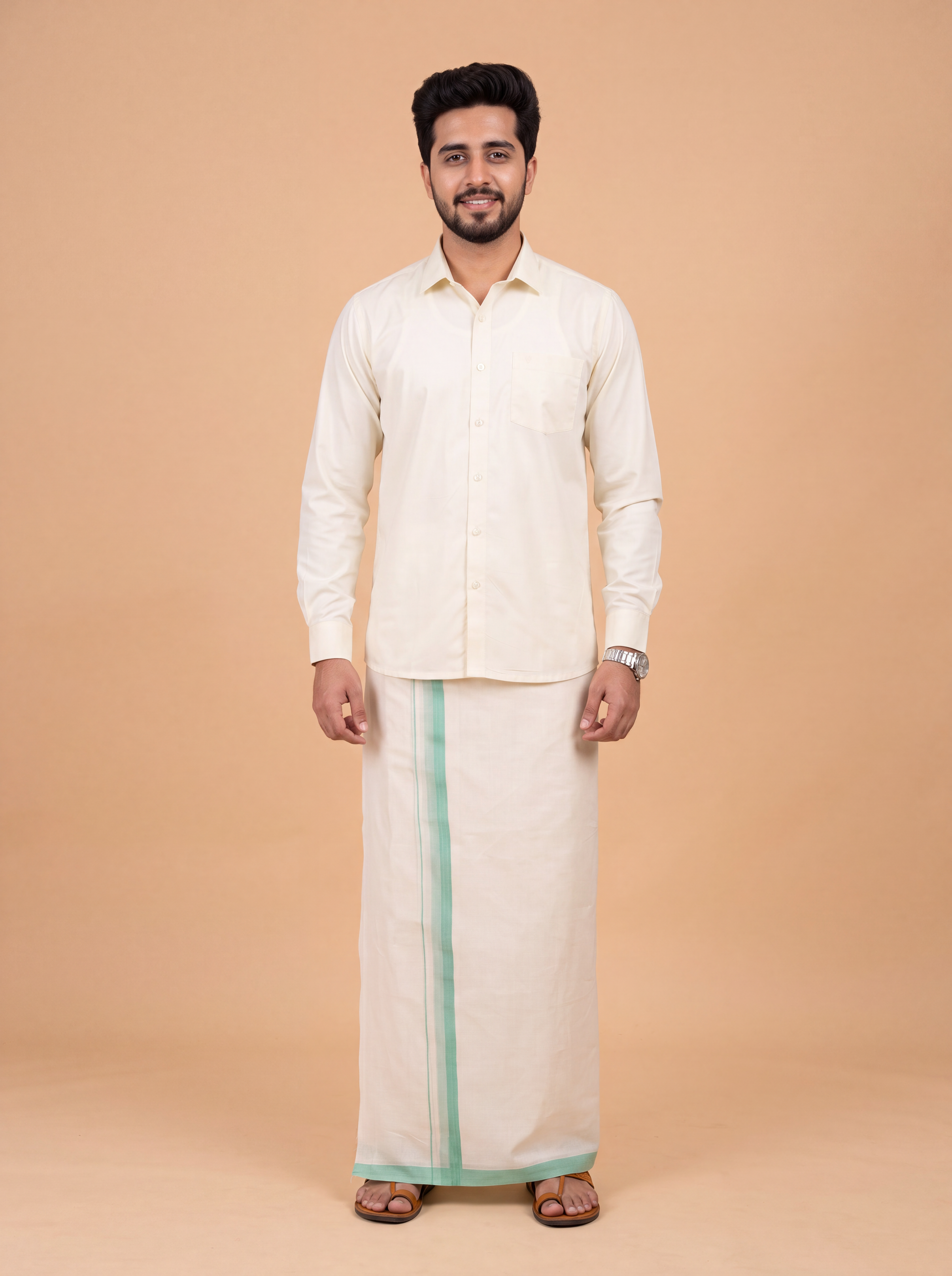 Double Layer Kora Cotton Cream Dhoti with Colour Border - Rivan Fancy RF01 3.80m