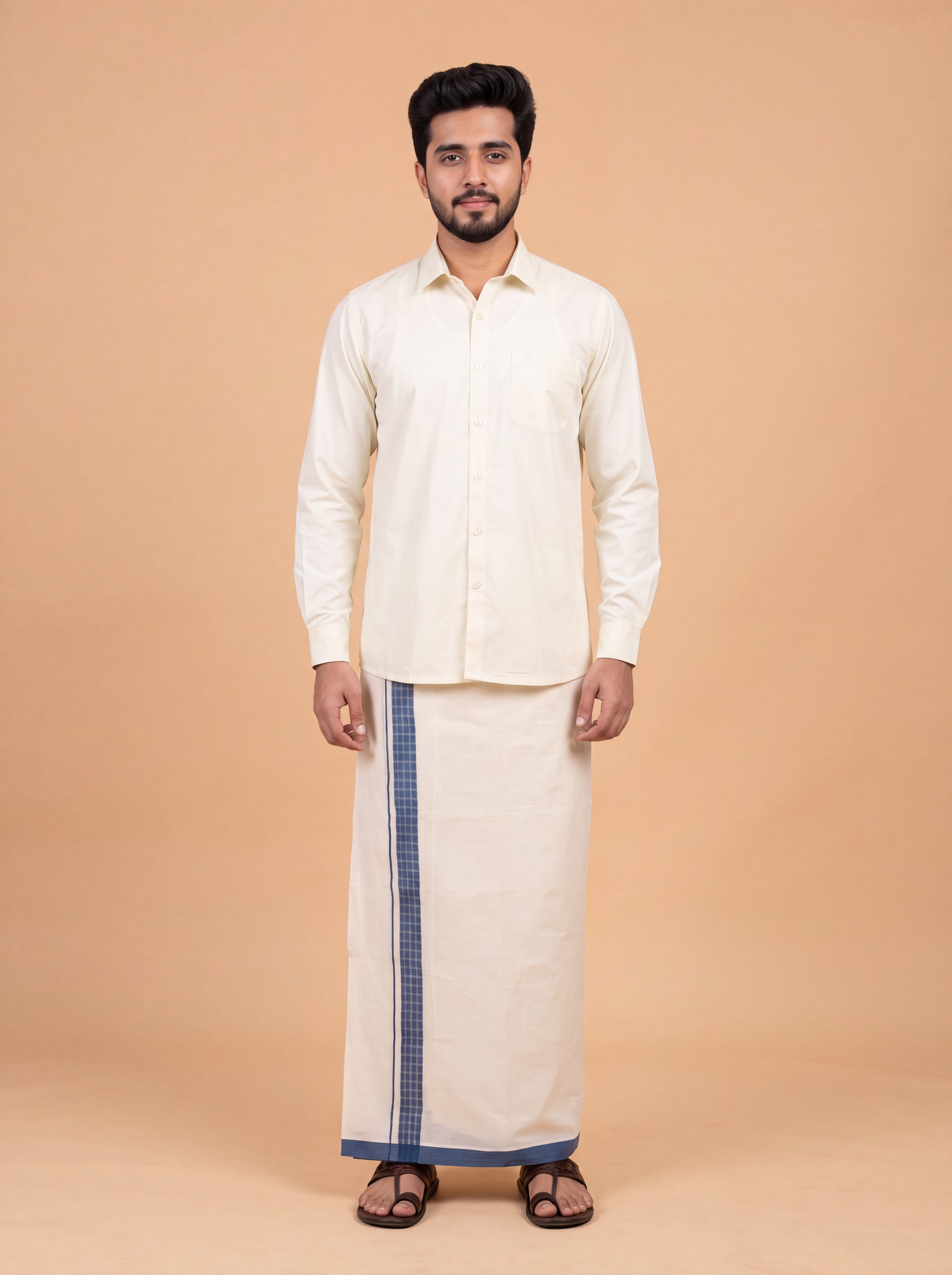 Double Layer Kora Cotton Cream Dhoti with Colour Border - Environ Fancy EF02 4m