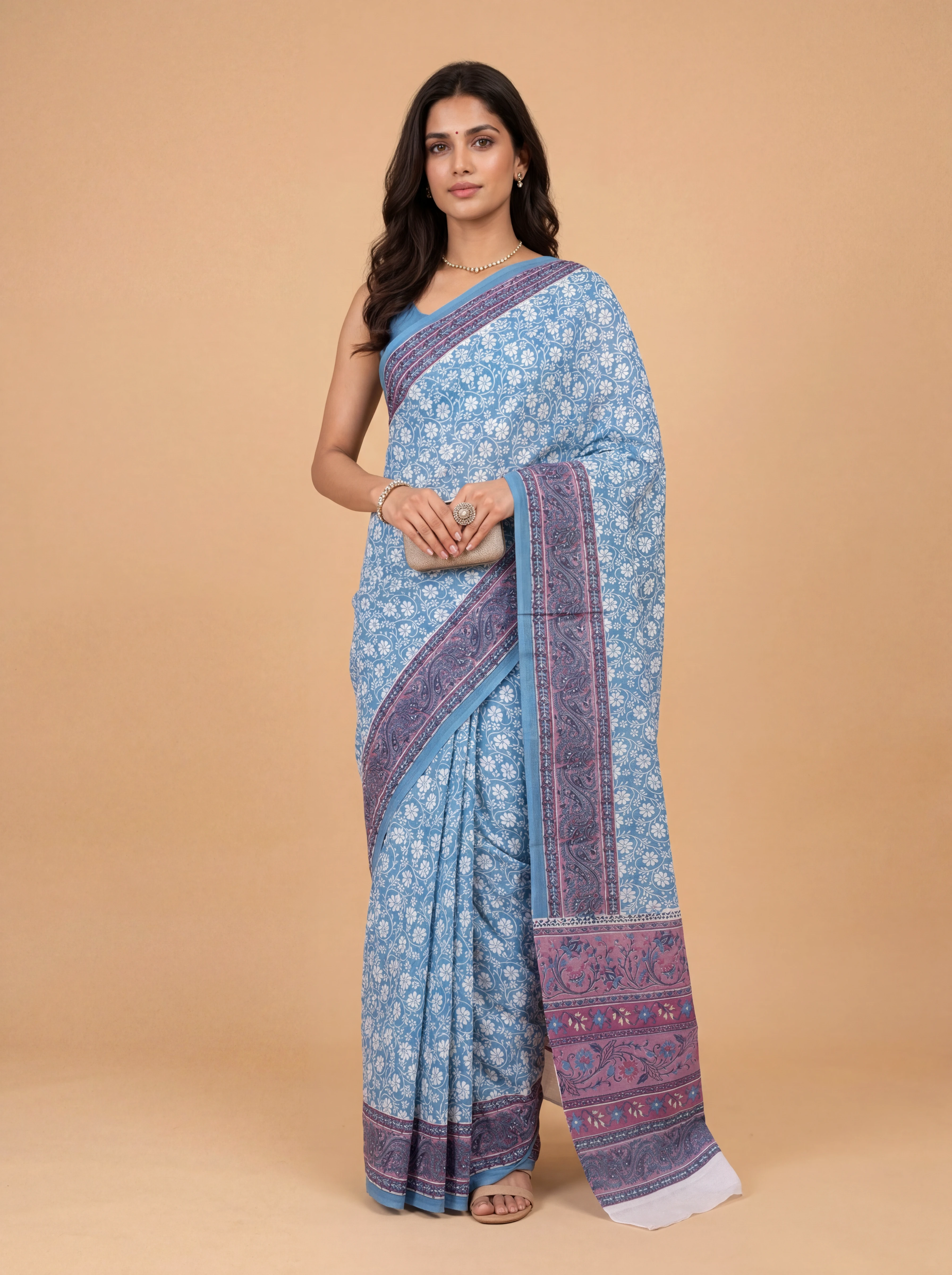 Women Pure Cotton Blue Floral Printed Saree PCS277
