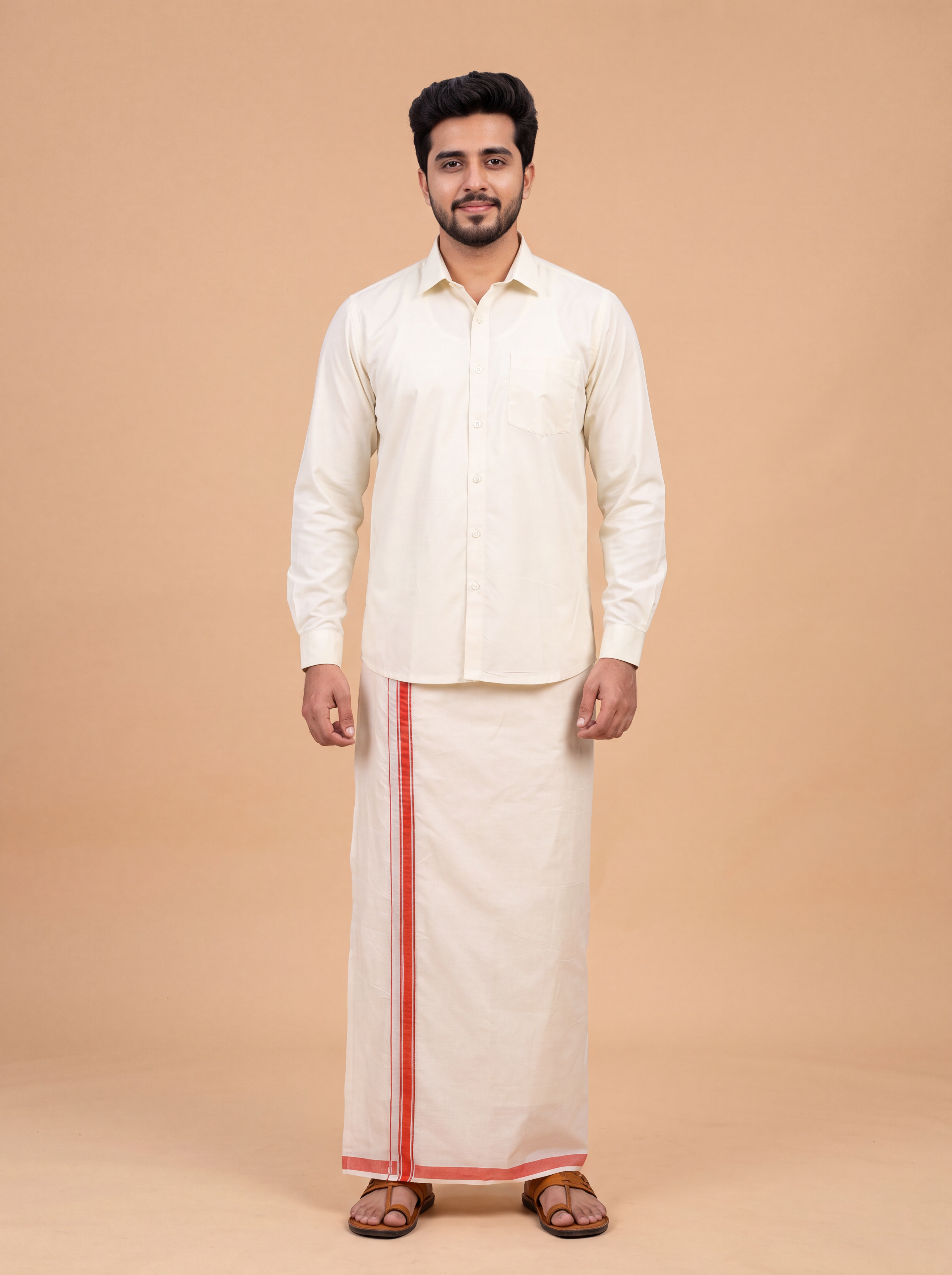 Double Layer Kora Cotton Cream Dhoti with Colour Jari Border - Chamber 3.9m CSJ01