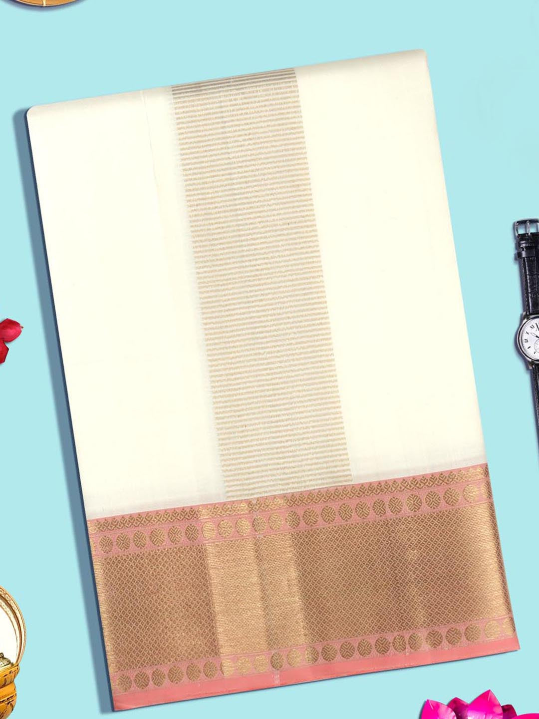 Mens Pure Silk Cream Dhoti with Angavastram  Amirtham
