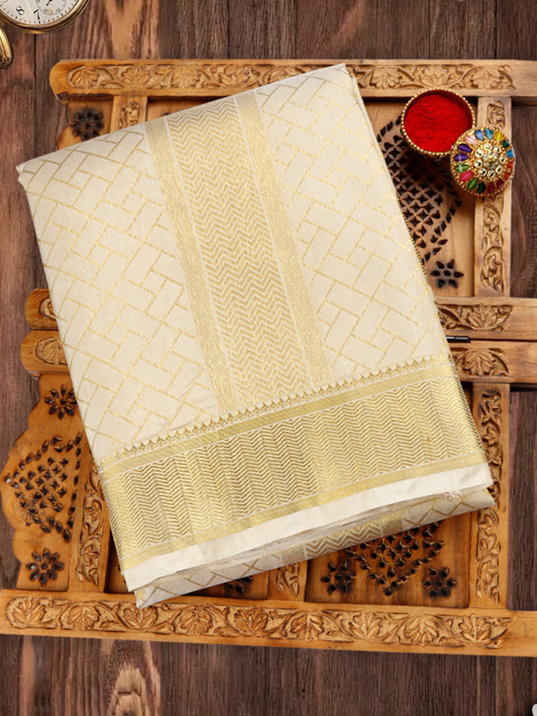 Premium Pure Silk Cream Dhoti with Angavastram "Agarshanaa"