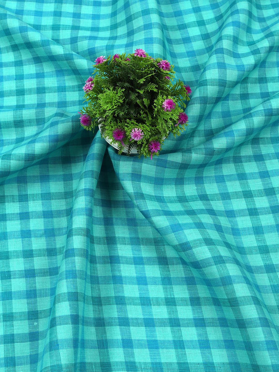 Pure Linen Checked Green & Blue Shirt Fabric Linen Park Texena