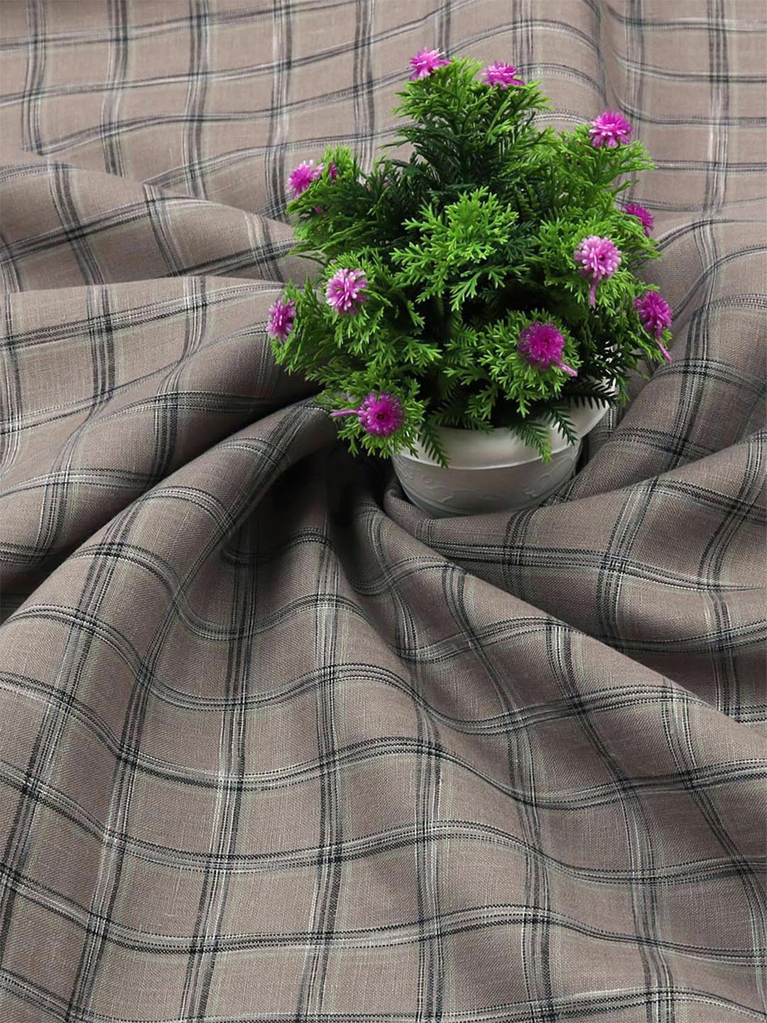 Pure Linen Grey & Black Colour Checked Shirt Fabric Linen Park Texena