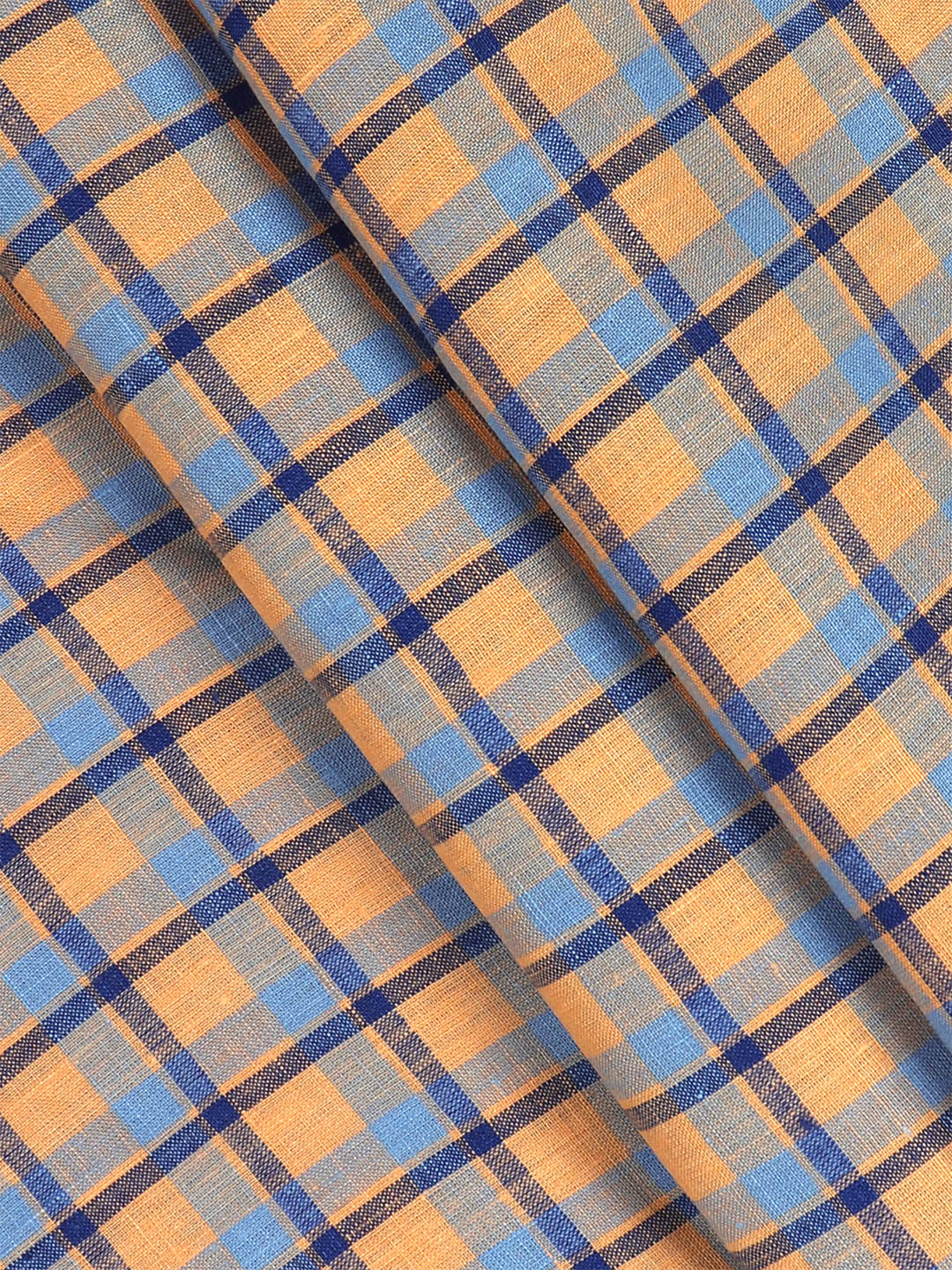 Pure Linen Blue & Orange Checked Shirt Fabric-Linen Park Texena