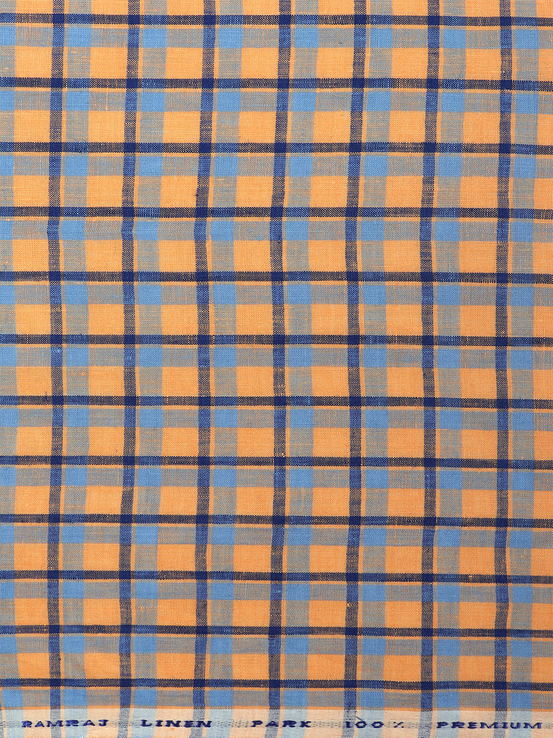 Pure Linen Blue & Orange Checked Shirt Fabric-Linen Park Texena