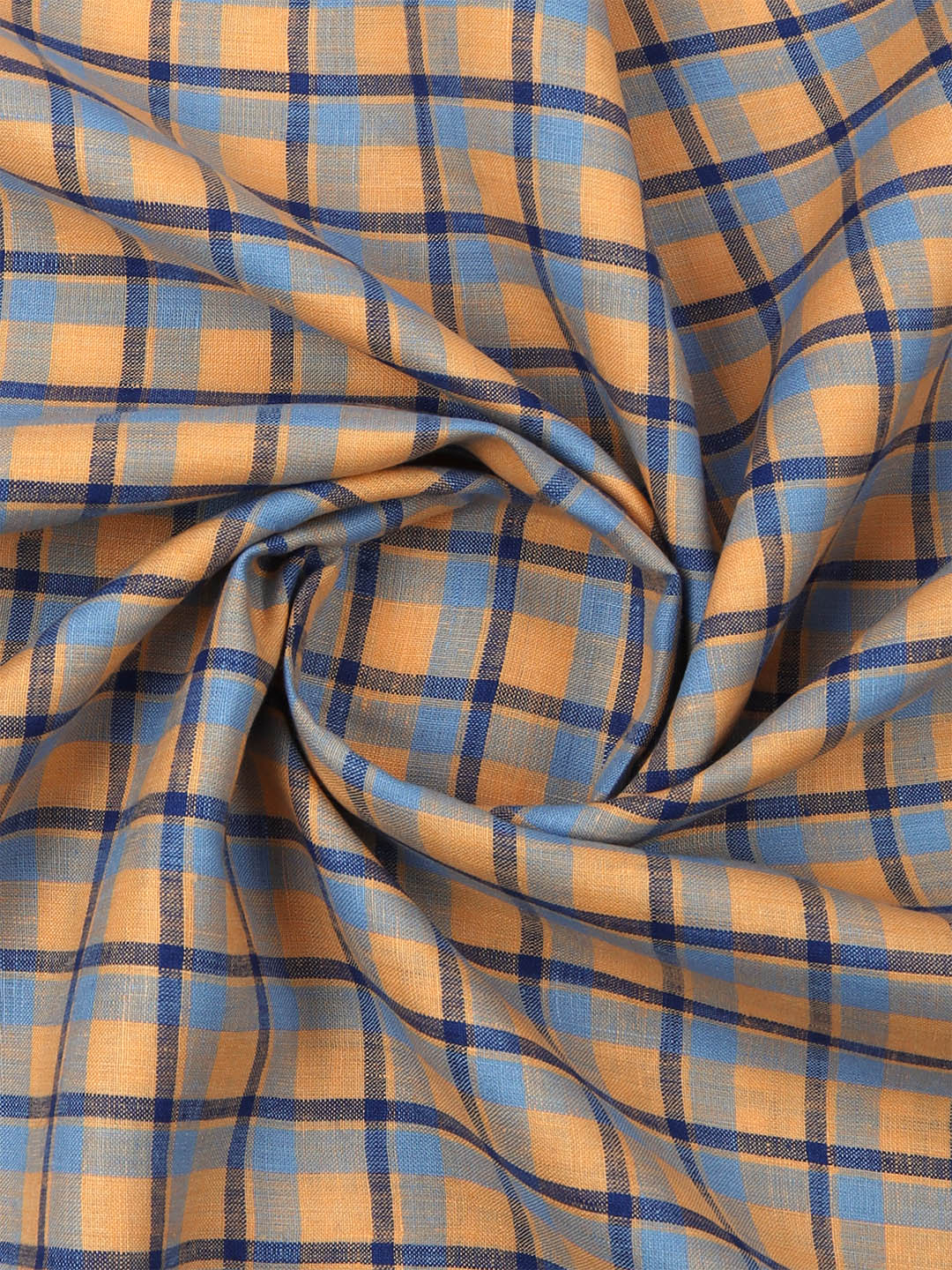 Pure Linen Blue & Orange Checked Shirt Fabric-Linen Park Texena