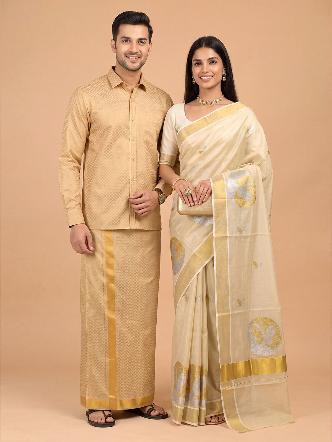 Couple Combo Gold Shirt & Dhoti Set with Saree KLS47