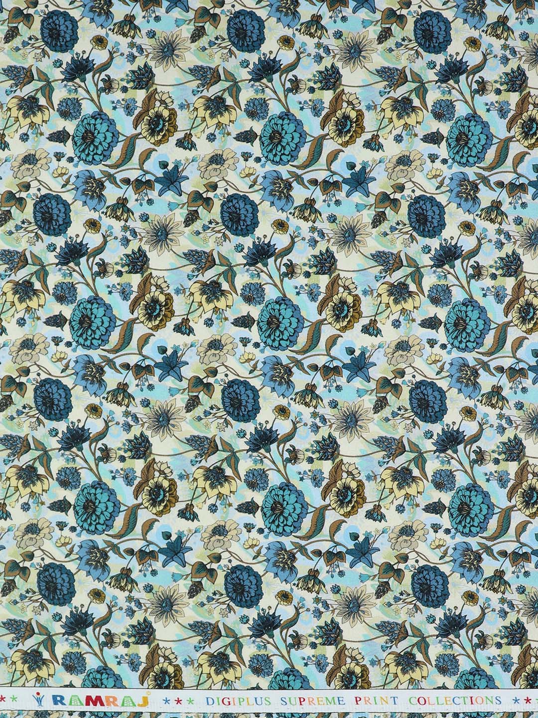 Men Cotton Blend Blue Flower Printed Shirt Fabric Savoy Print