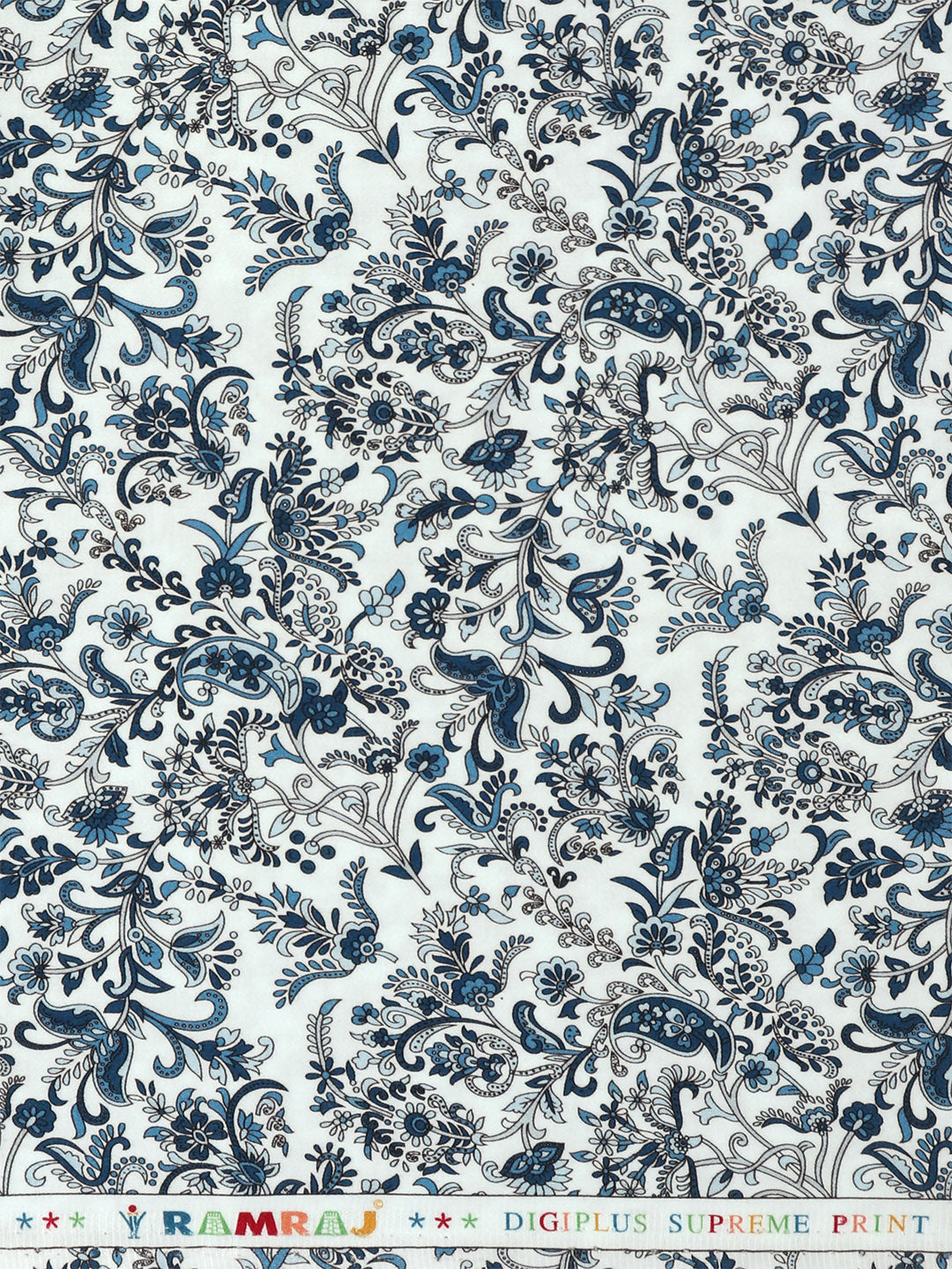 Men Cotton Blend White with Blue Printed Shirt Fabric Savoy