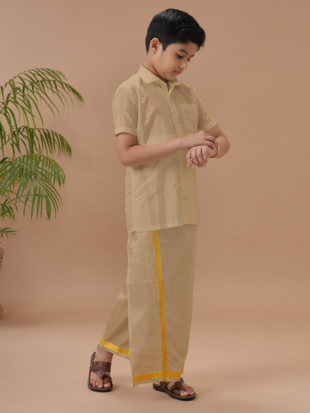 Boys Shirt & Dhoti Set Swayamvara Biscuit Sandal
