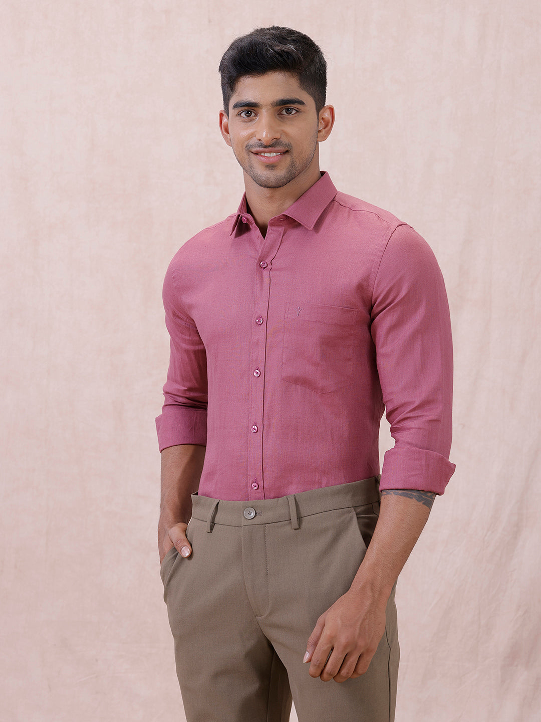 Men Pure Linen Purple Pink Shirt L122