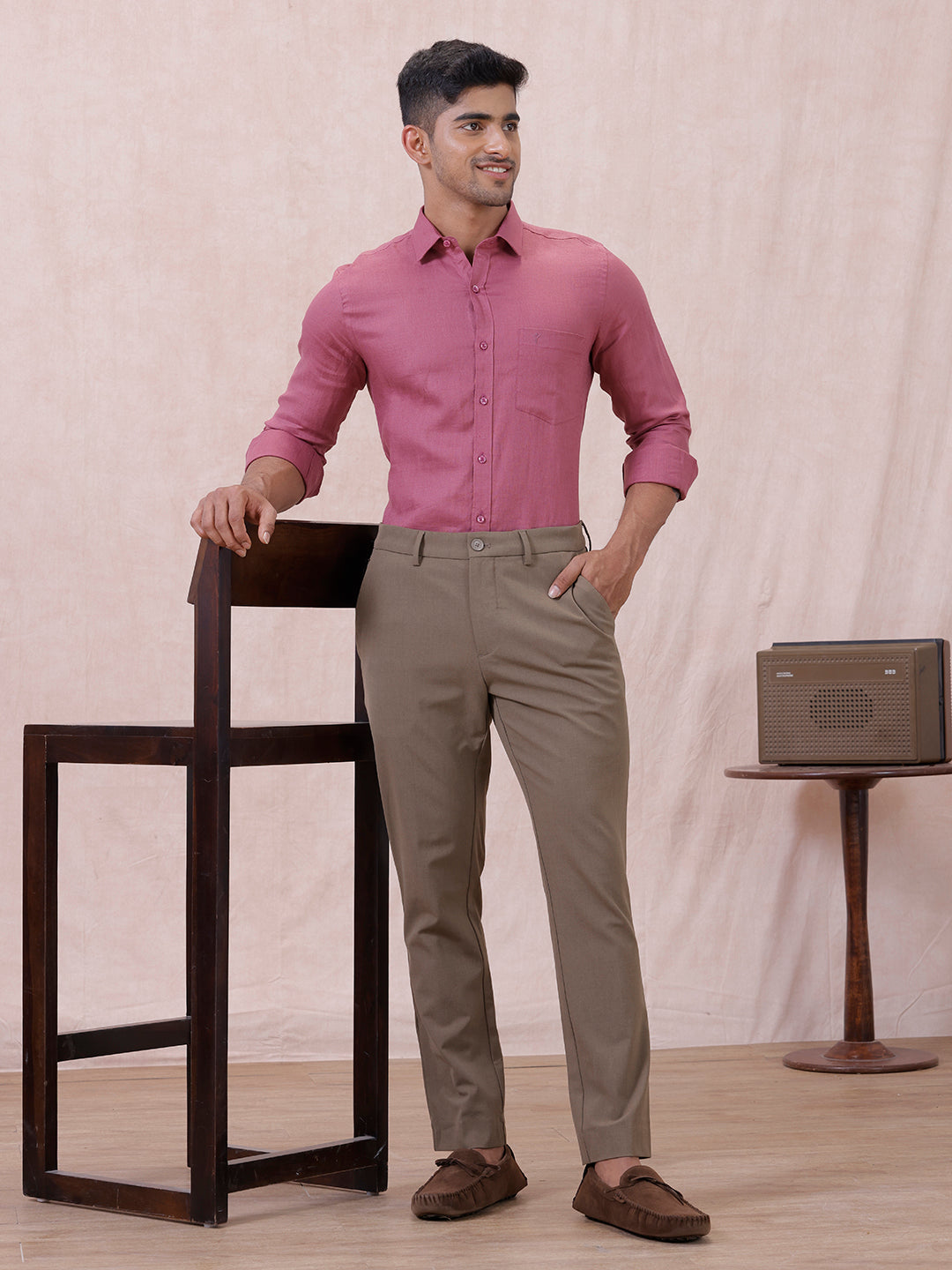 Men Pure Linen Purple Pink Shirt L122