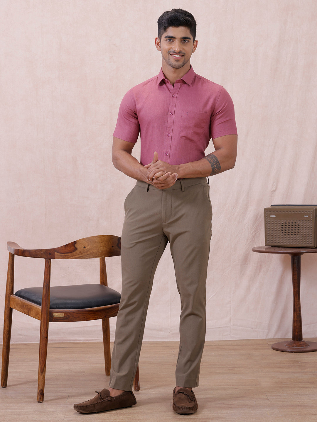 Men Pure Linen Purple Pink Shirt L122