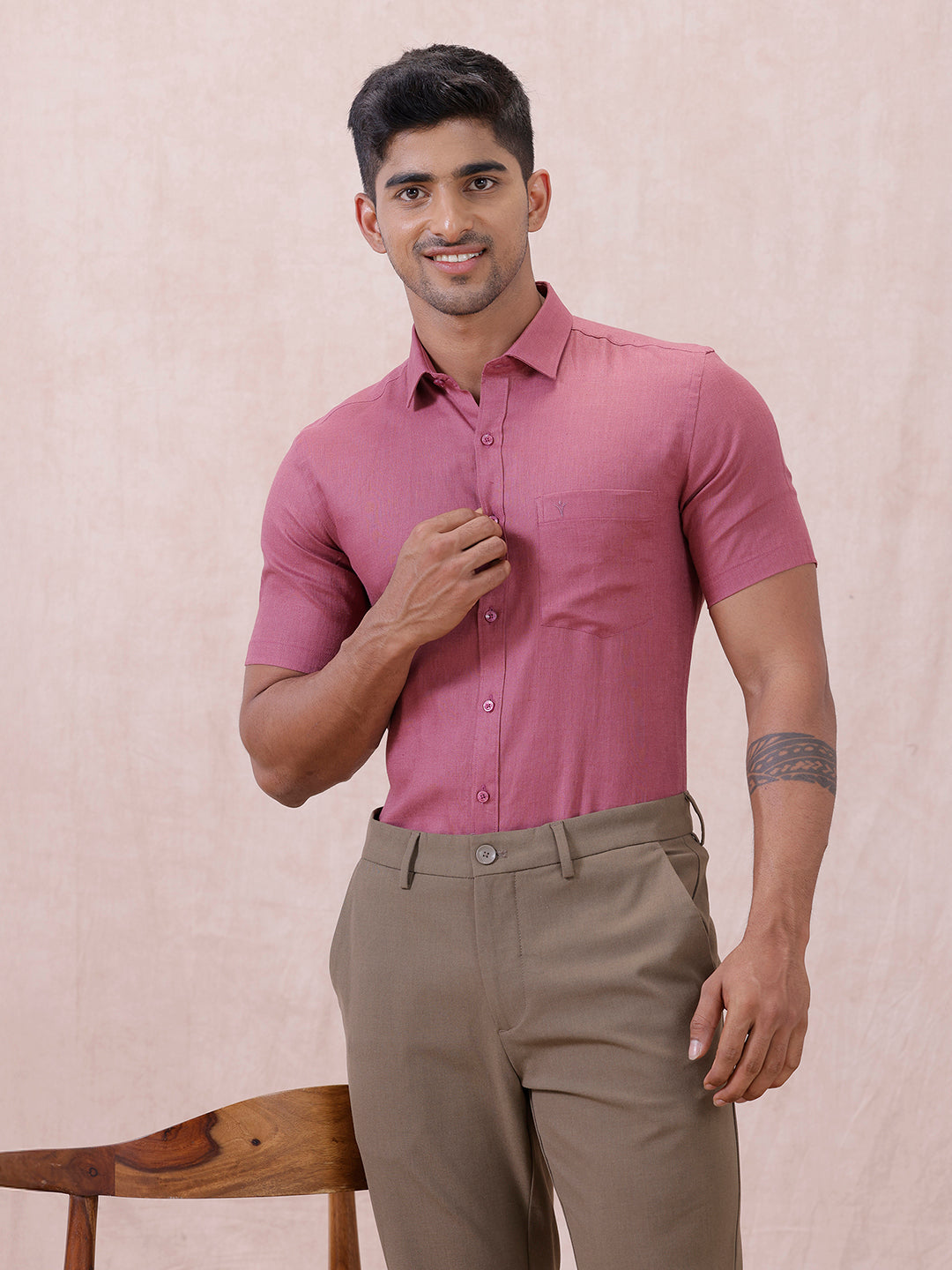 Men Pure Linen Purple Pink Shirt L122