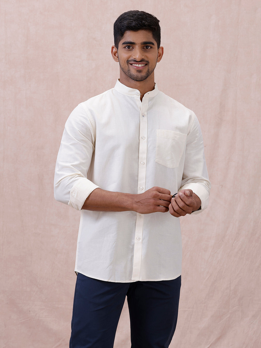 Men Cream Linen Cotton Chinese Collar Shirt LF12