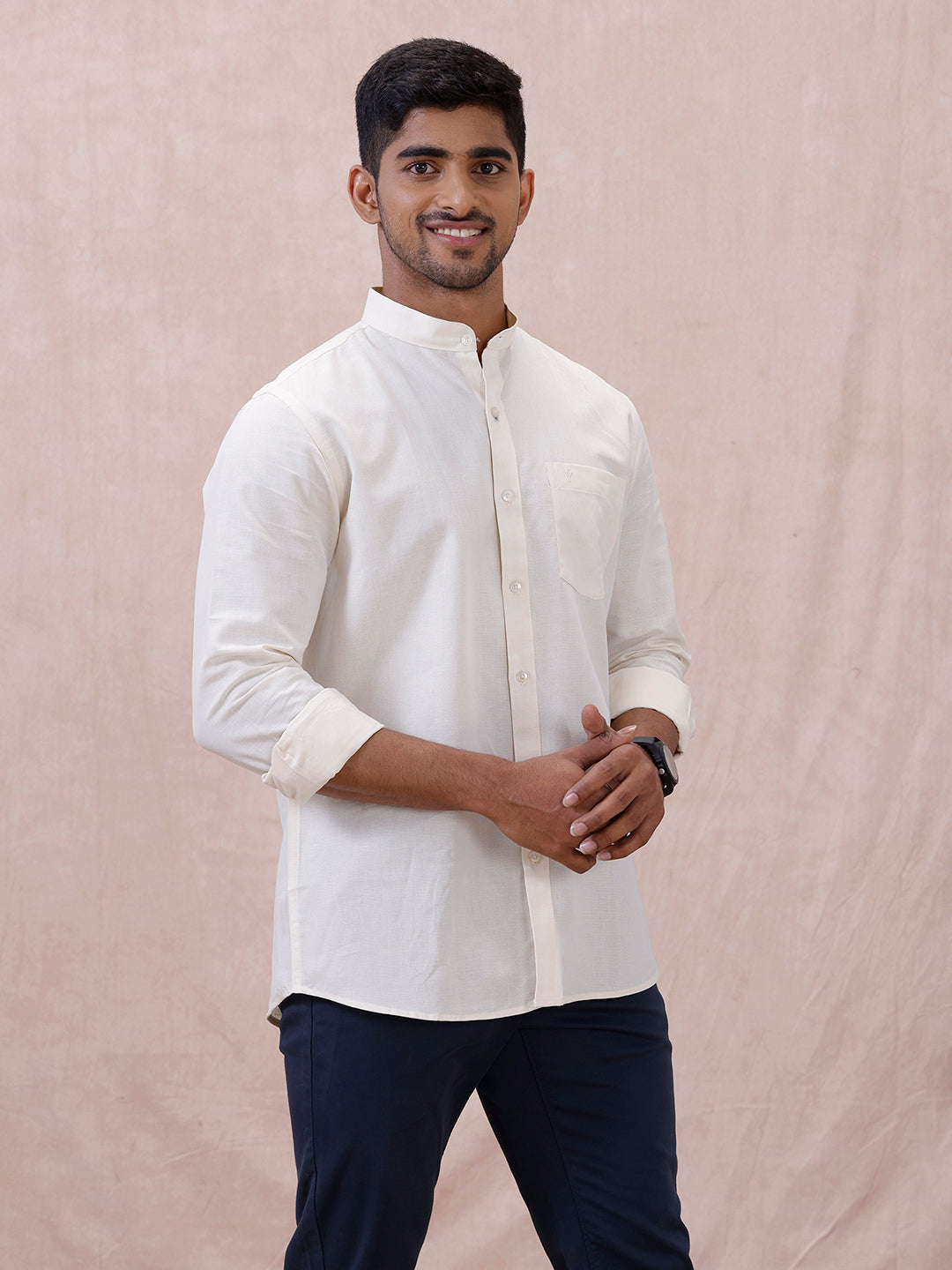 Men Cream Linen Cotton Chinese Collar Shirt LF12