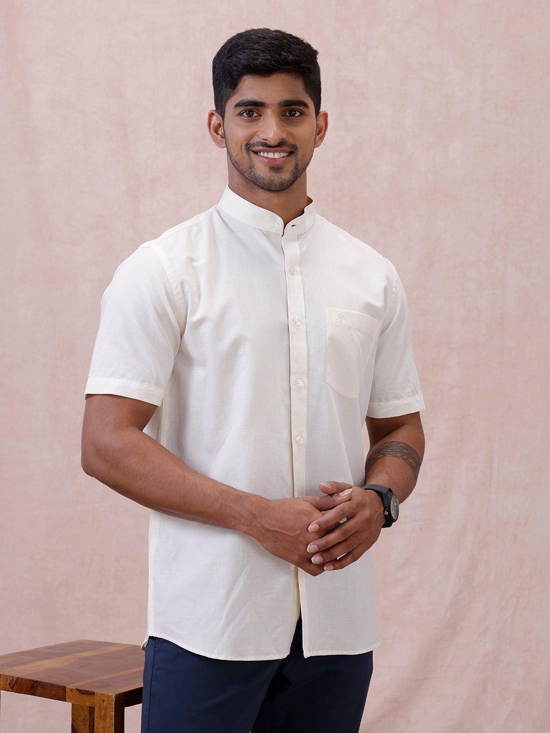 Men Cream Linen Cotton Chinese Collar Shirt LF12