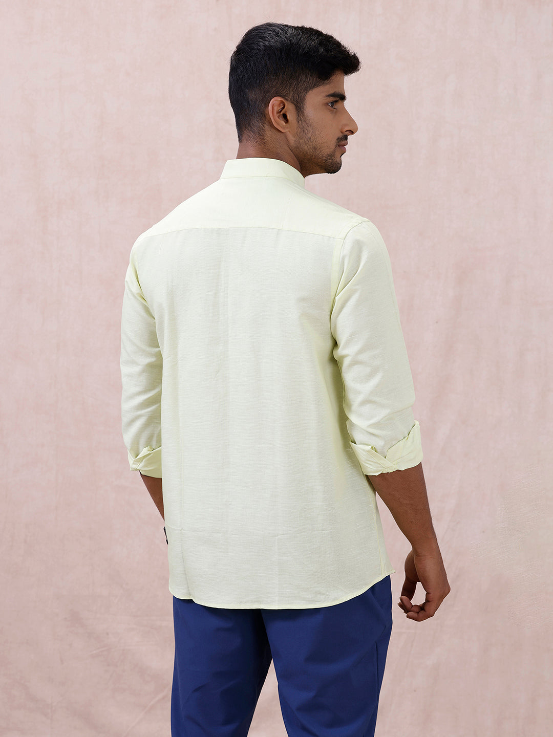 Men Greenish Yellow Linen Cotton Chinese Collar Shirt LF3