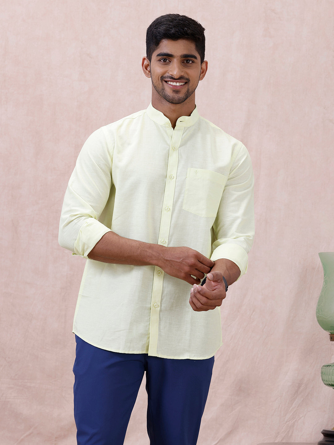 Men Greenish Yellow Linen Cotton Chinese Collar Shirt LF3
