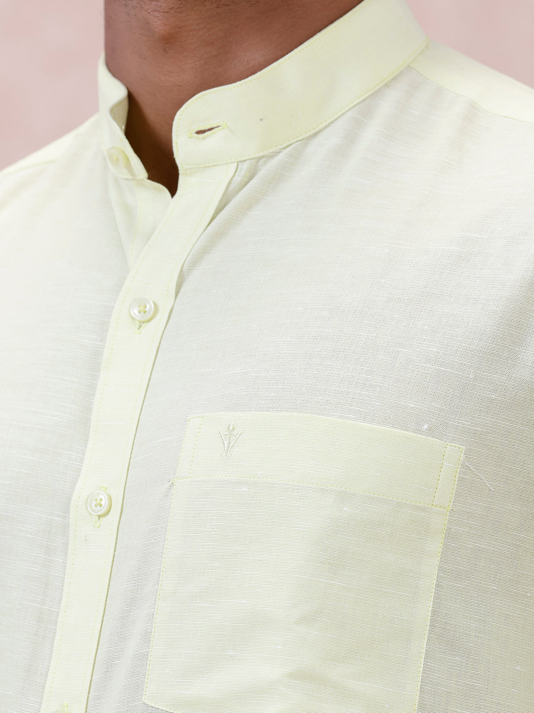 Men Greenish Yellow Linen Cotton Chinese Collar Shirt LF3