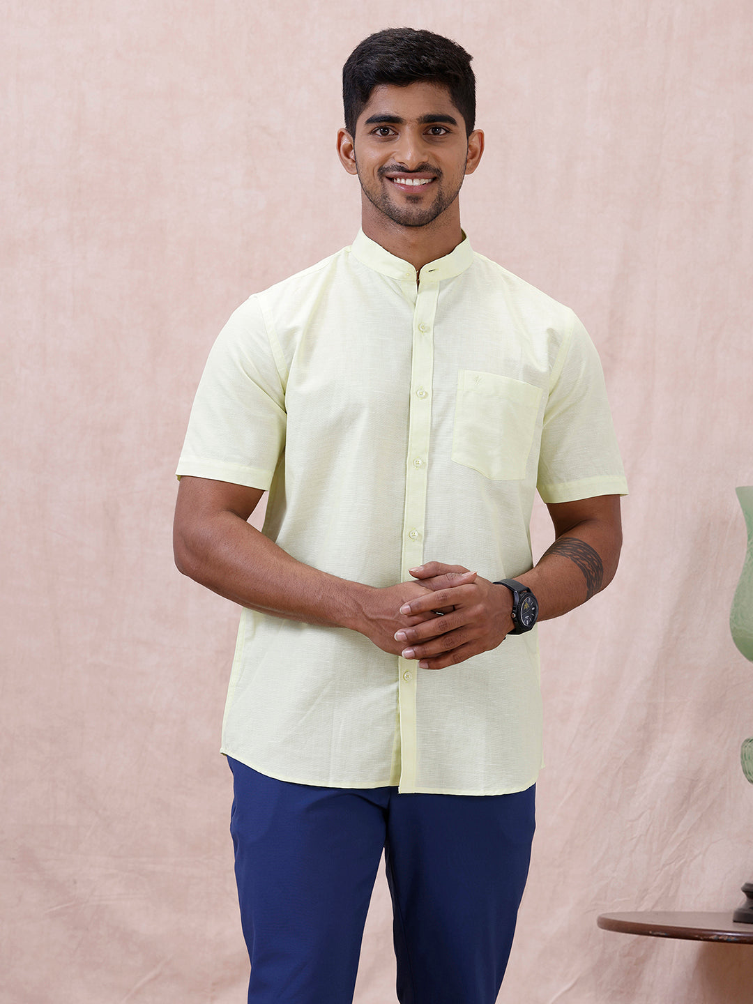 Men Greenish Yellow Linen Cotton Chinese Collar Shirt LF3