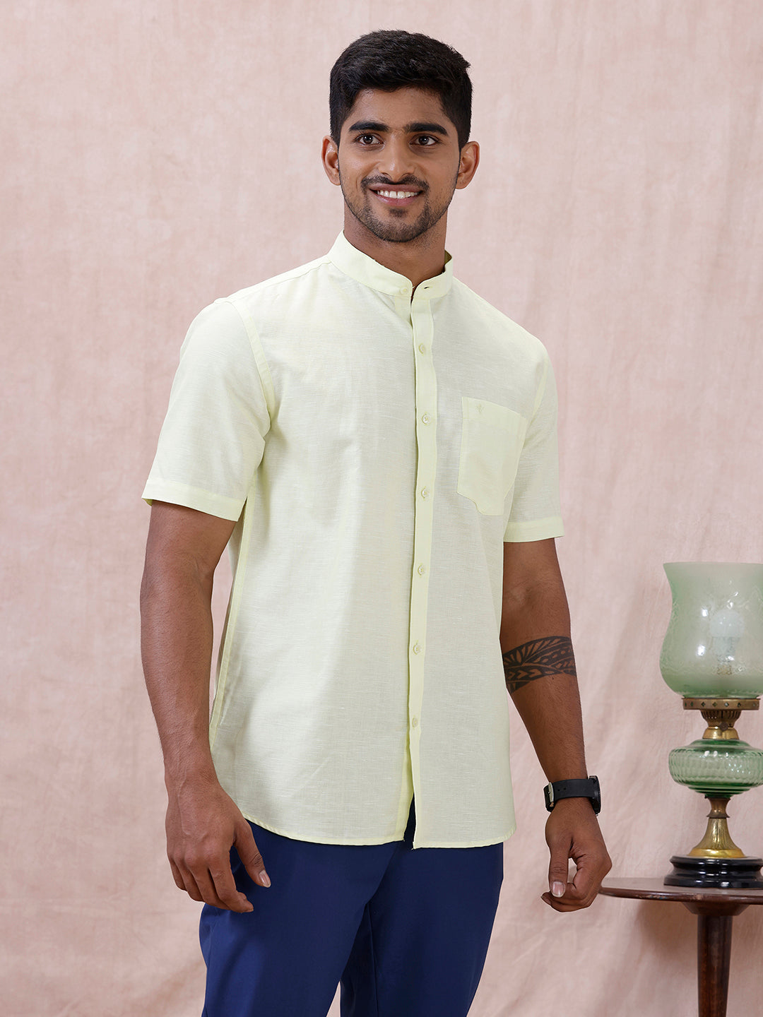 Men Greenish Yellow Linen Cotton Chinese Collar Shirt LF3