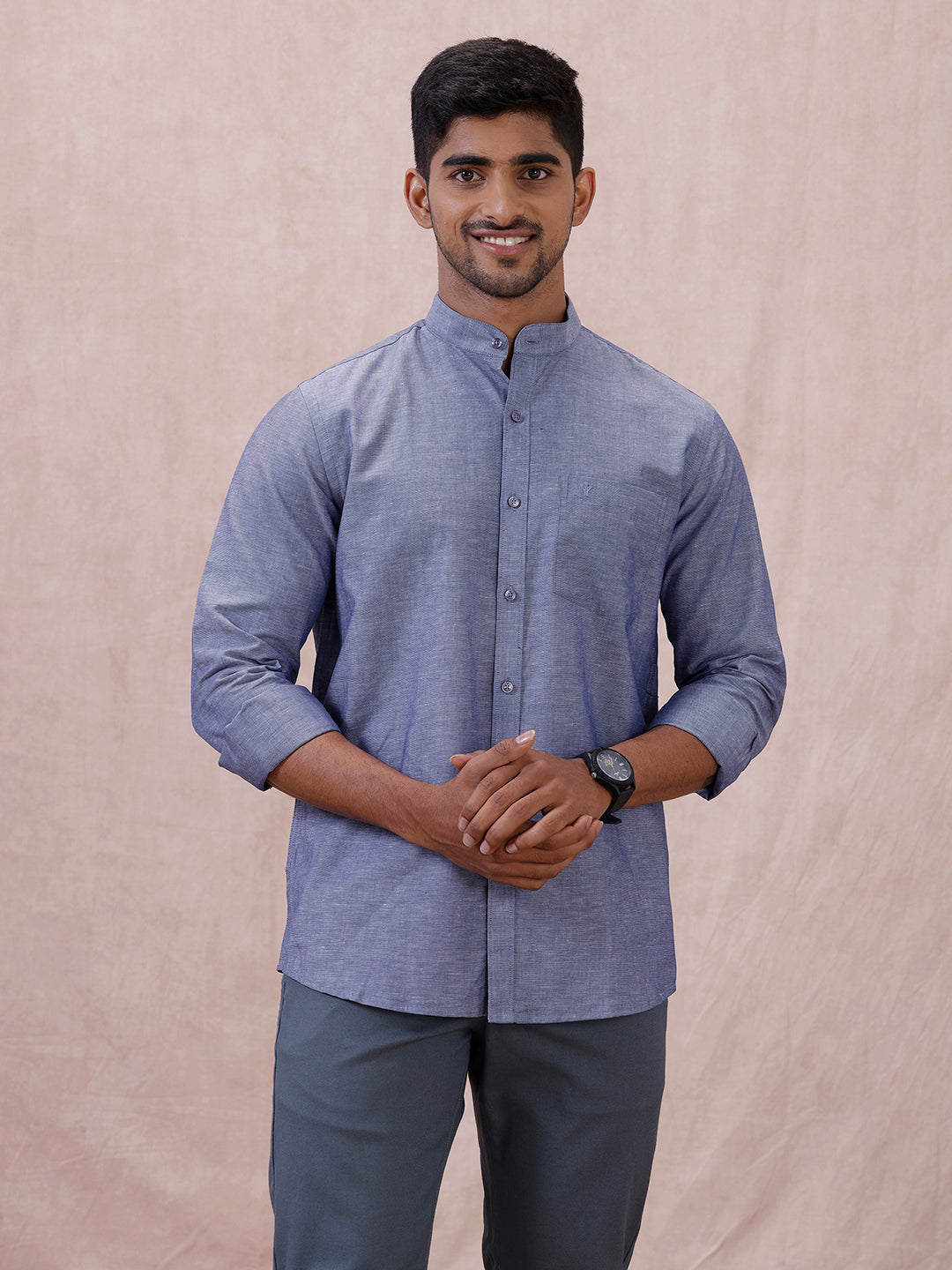 Men Cyan Blue Linen Cotton Chinese Collar Shirt LF6