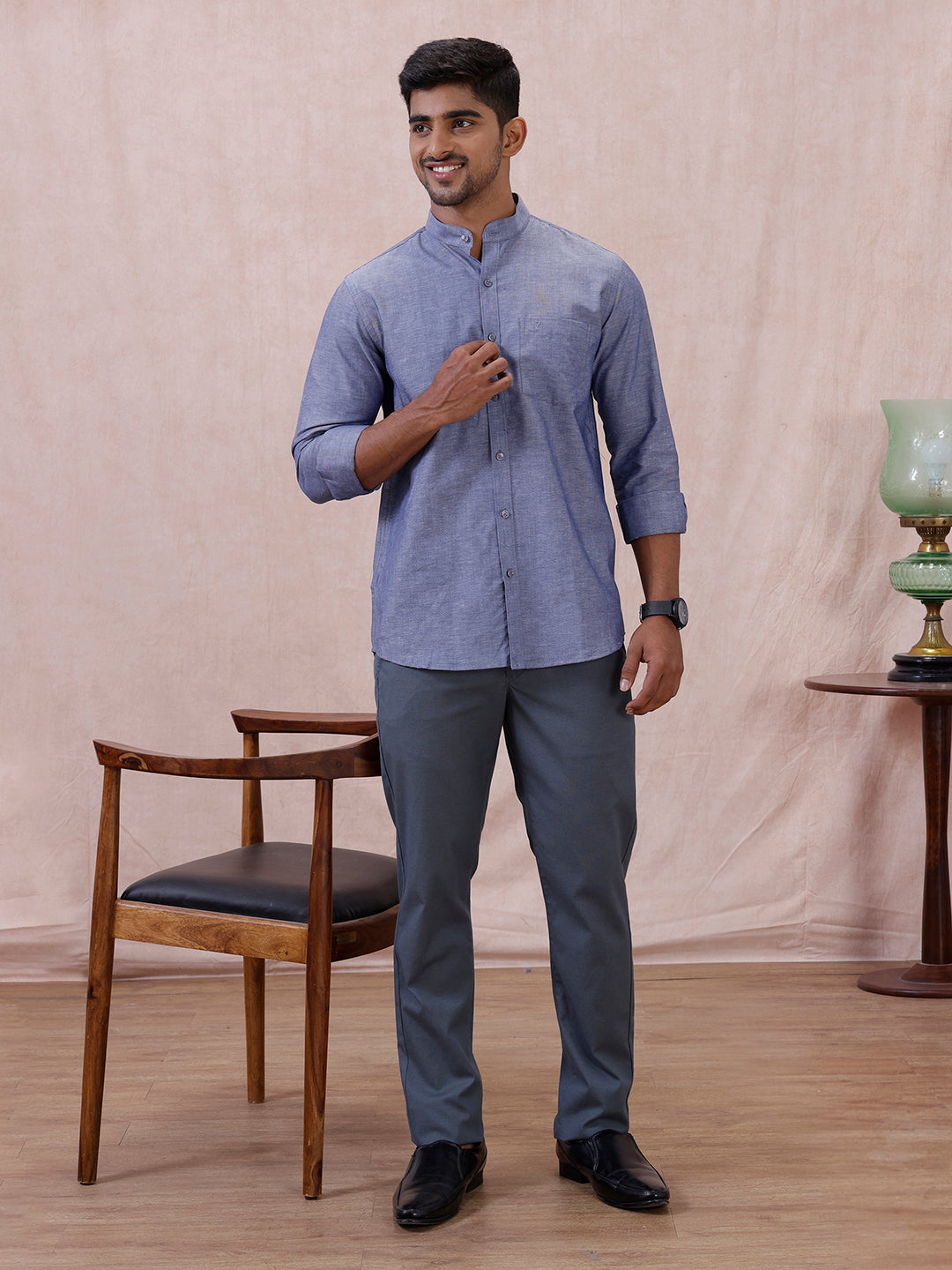 Men Cyan Blue Linen Cotton Chinese Collar Shirt LF6