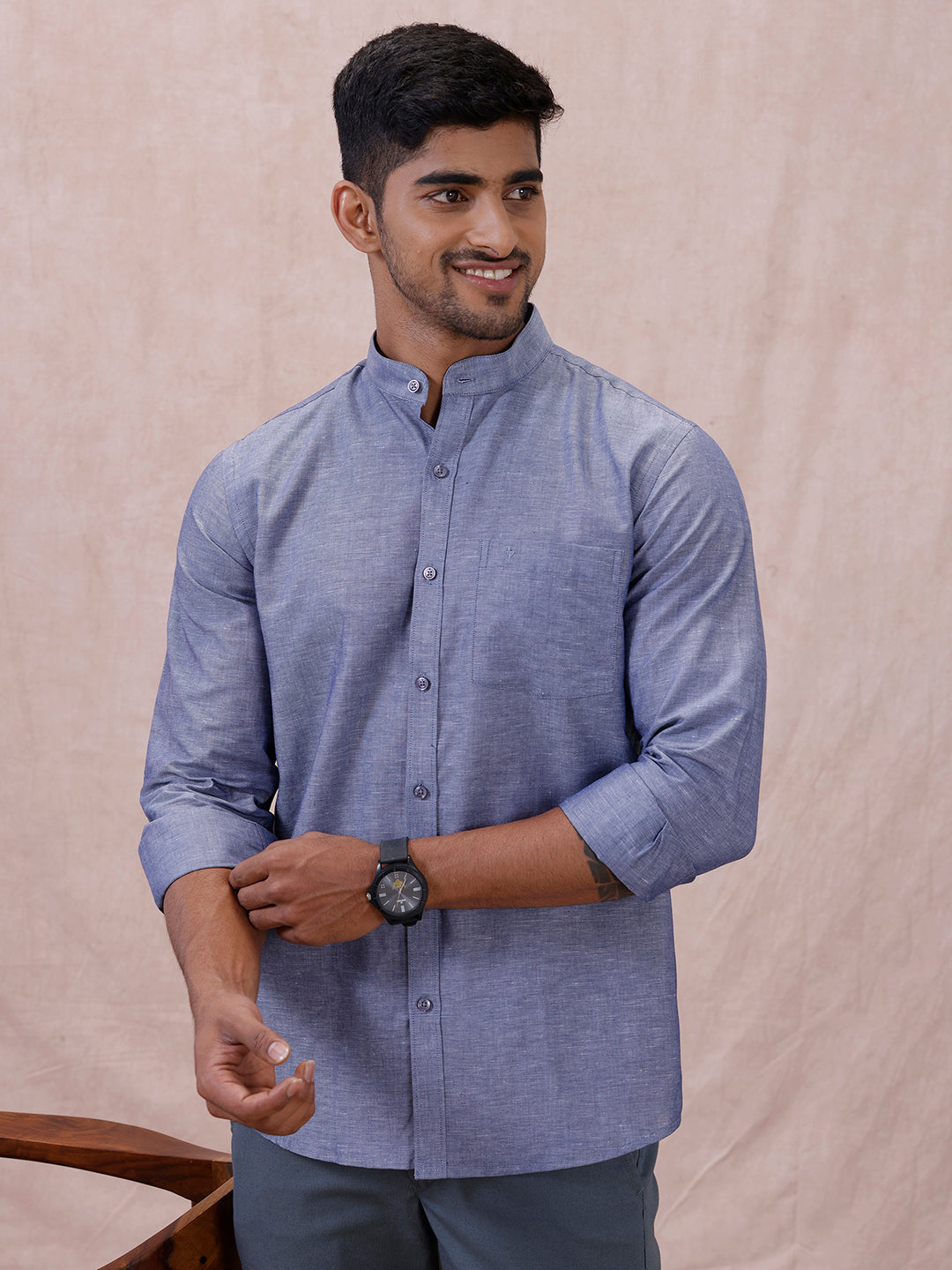 Men Cyan Blue Linen Cotton Chinese Collar Shirt LF6