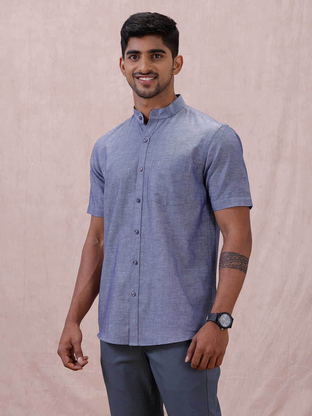 Men Cyan Blue Linen Cotton Chinese Collar Shirt LF6