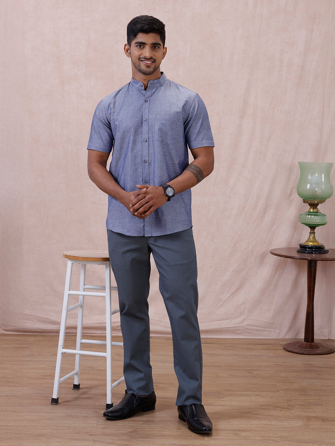 Men Cyan Blue Linen Cotton Chinese Collar Shirt LF6