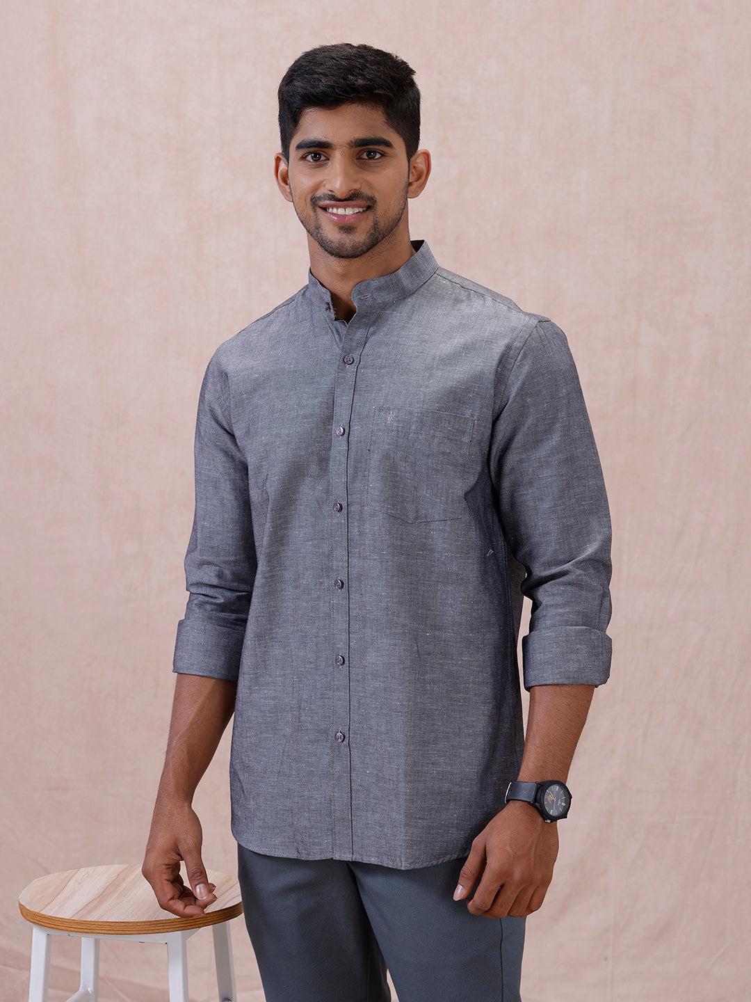 Men Grey Linen Cotton Chinese Collar Shirt LF7