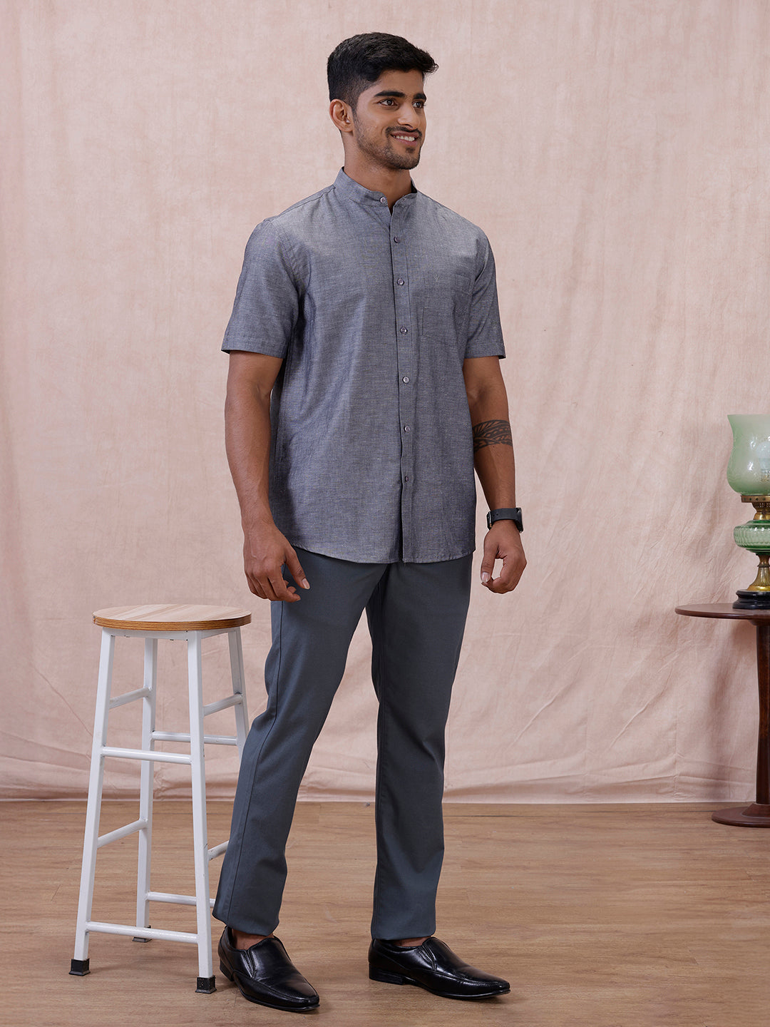 Men Grey Linen Cotton Chinese Collar Shirt LF7