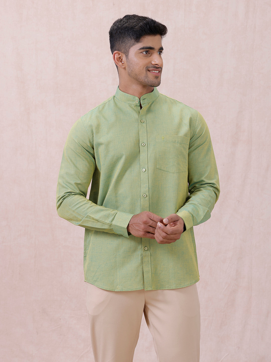 Men Yellowish Green Linen Cotton Chinese Collar Shirt LF9