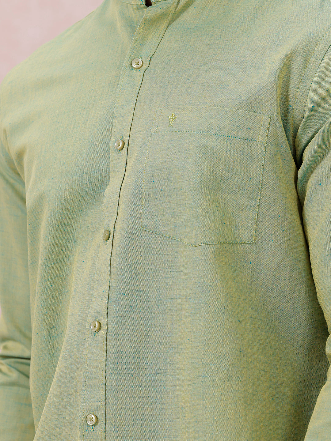 Men Yellowish Green Linen Cotton Chinese Collar Shirt LF9