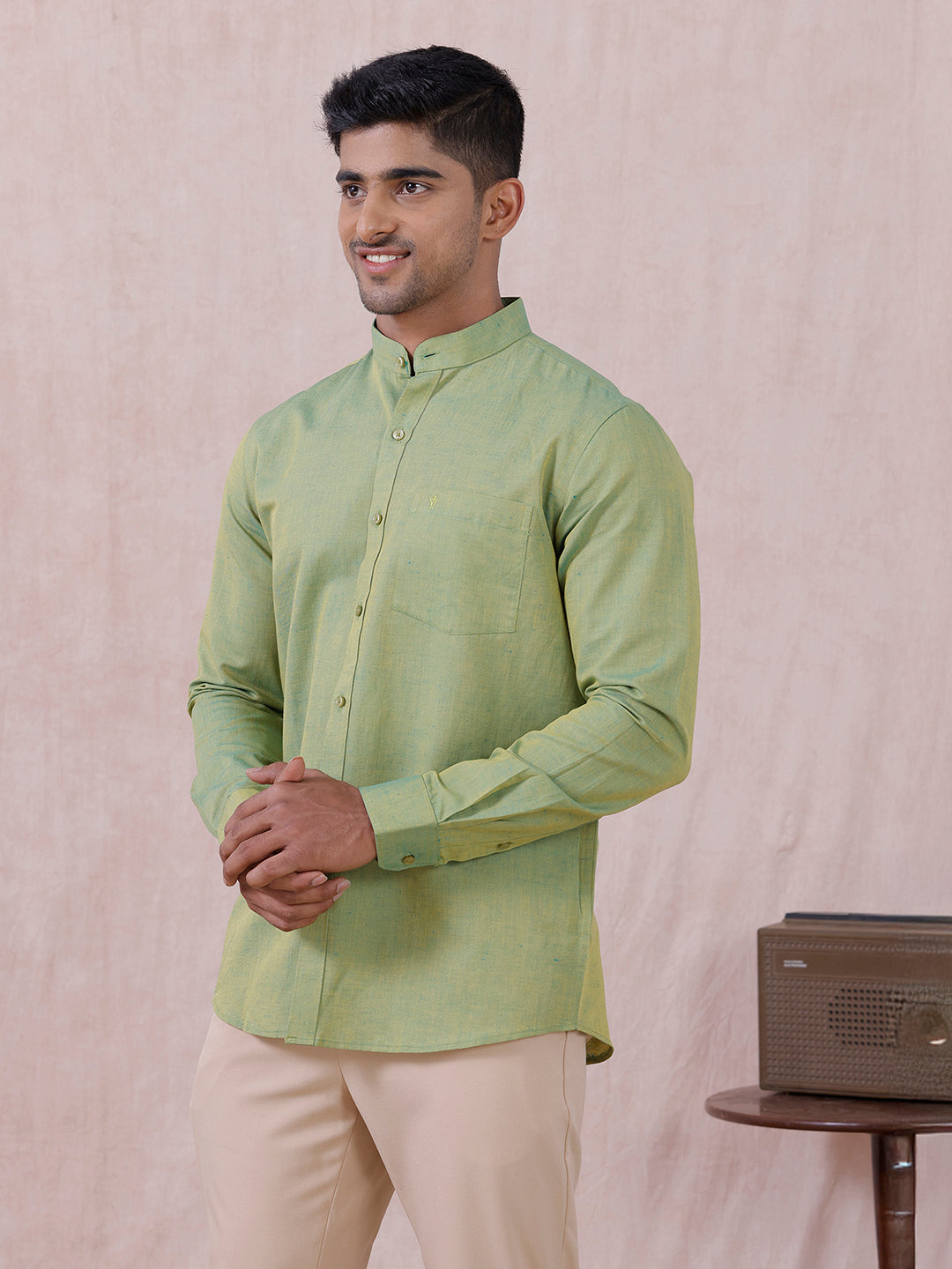 Men Yellowish Green Linen Cotton Chinese Collar Shirt LF9