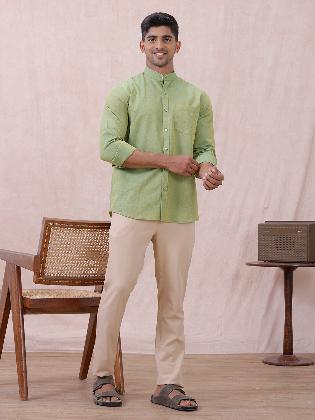 Men Yellowish Green Linen Cotton Chinese Collar Shirt LF9