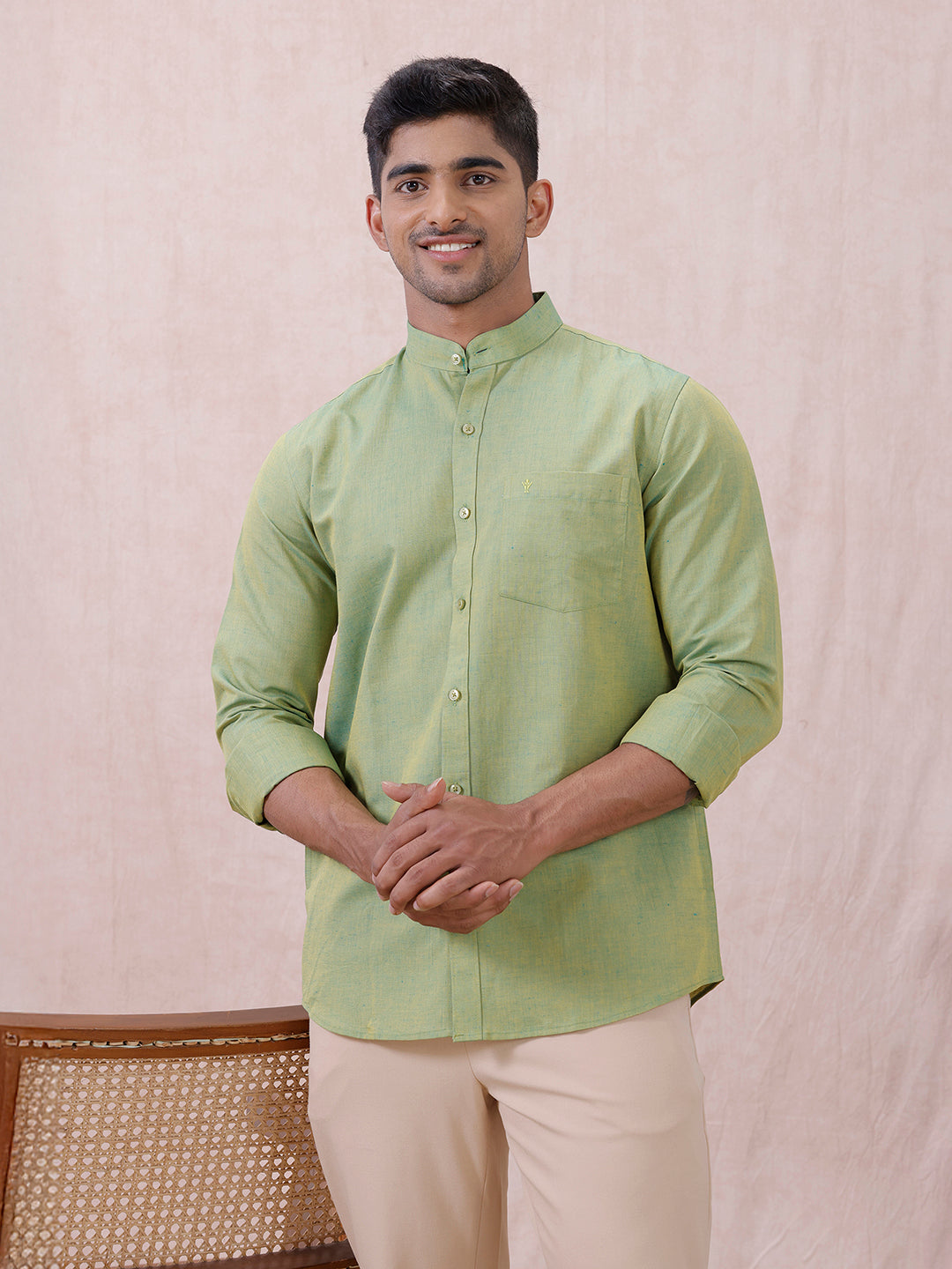 Men Yellowish Green Linen Cotton Chinese Collar Shirt LF9