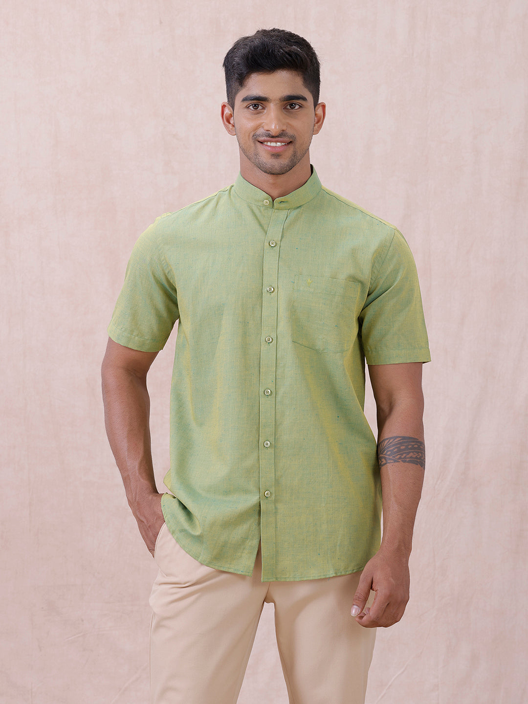 Men Yellowish Green Linen Cotton Chinese Collar Shirt LF9