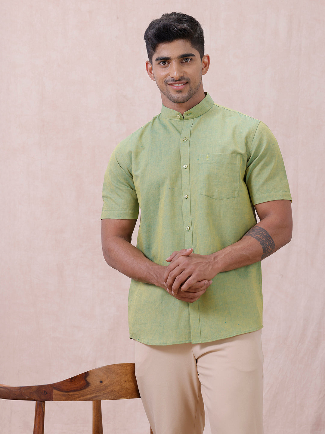 Men Yellowish Green Linen Cotton Chinese Collar Shirt LF9