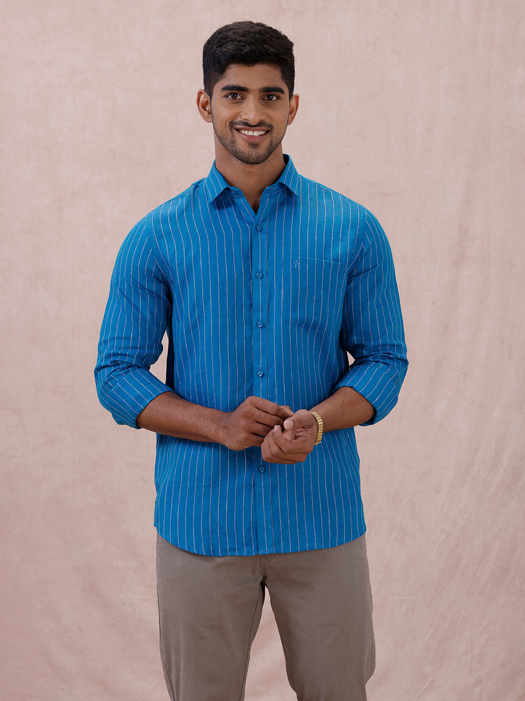 Men Pure Linen Striped Shirt Tufts Blue LS11