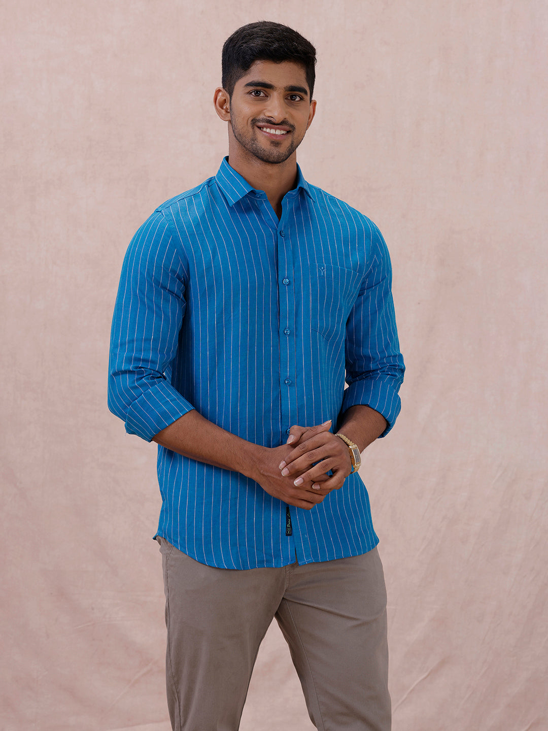 Men Pure Linen Striped Shirt Tufts Blue LS11