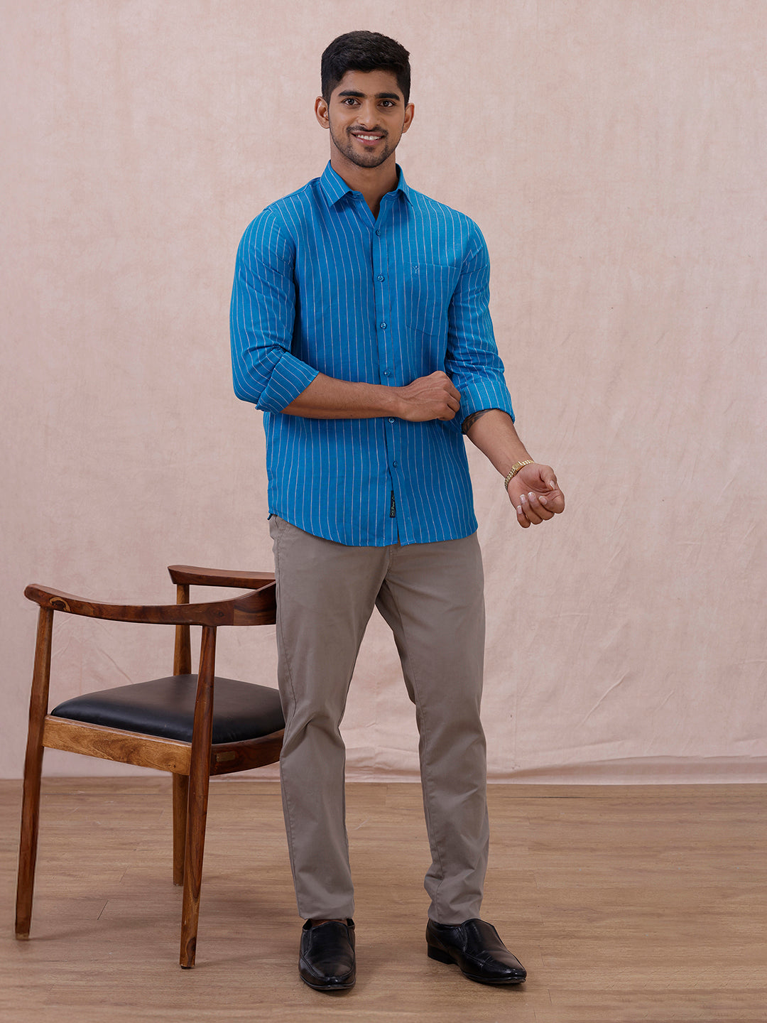 Men Pure Linen Striped Shirt Tufts Blue LS11