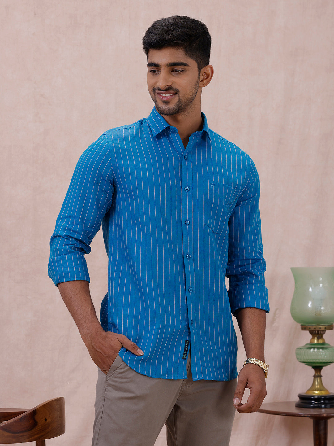 Men Pure Linen Striped Shirt Tufts Blue LS11