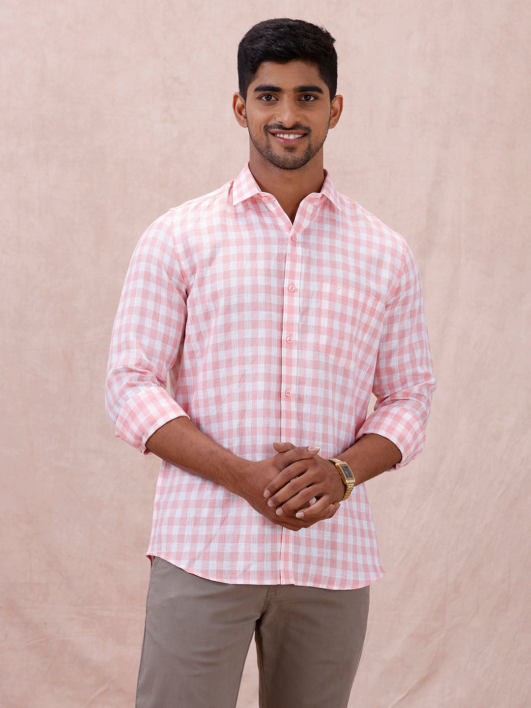 Men Pure Linen Checked Shirt Pink LS2