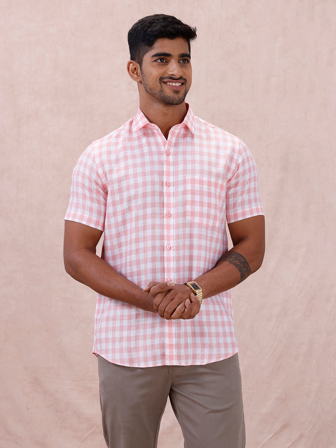 Men Pure Linen Checked Shirt Pink LS2