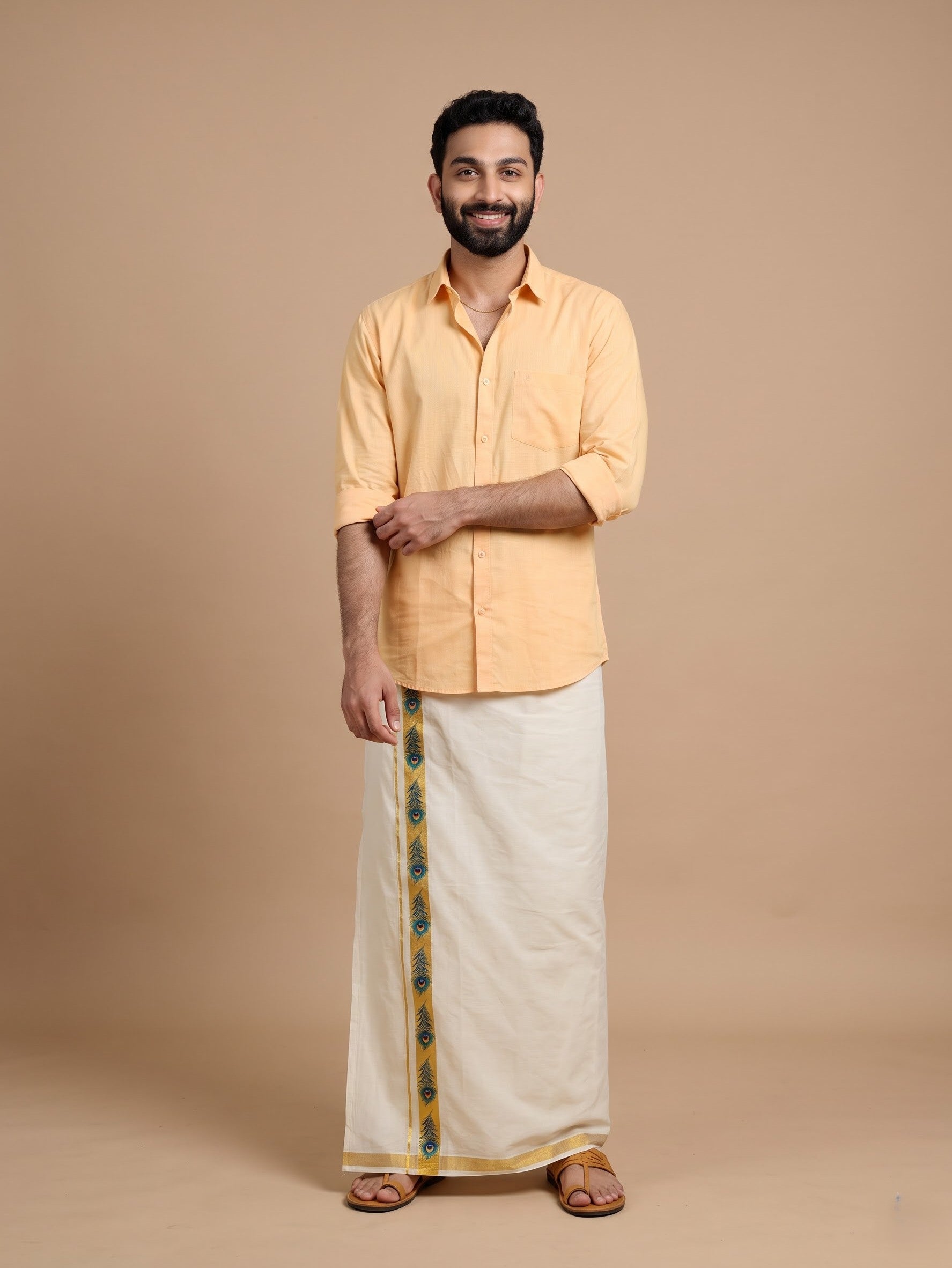 Double Layer Kora Cotton Cream Dhoti with Colour Border - HF Gold HFG03