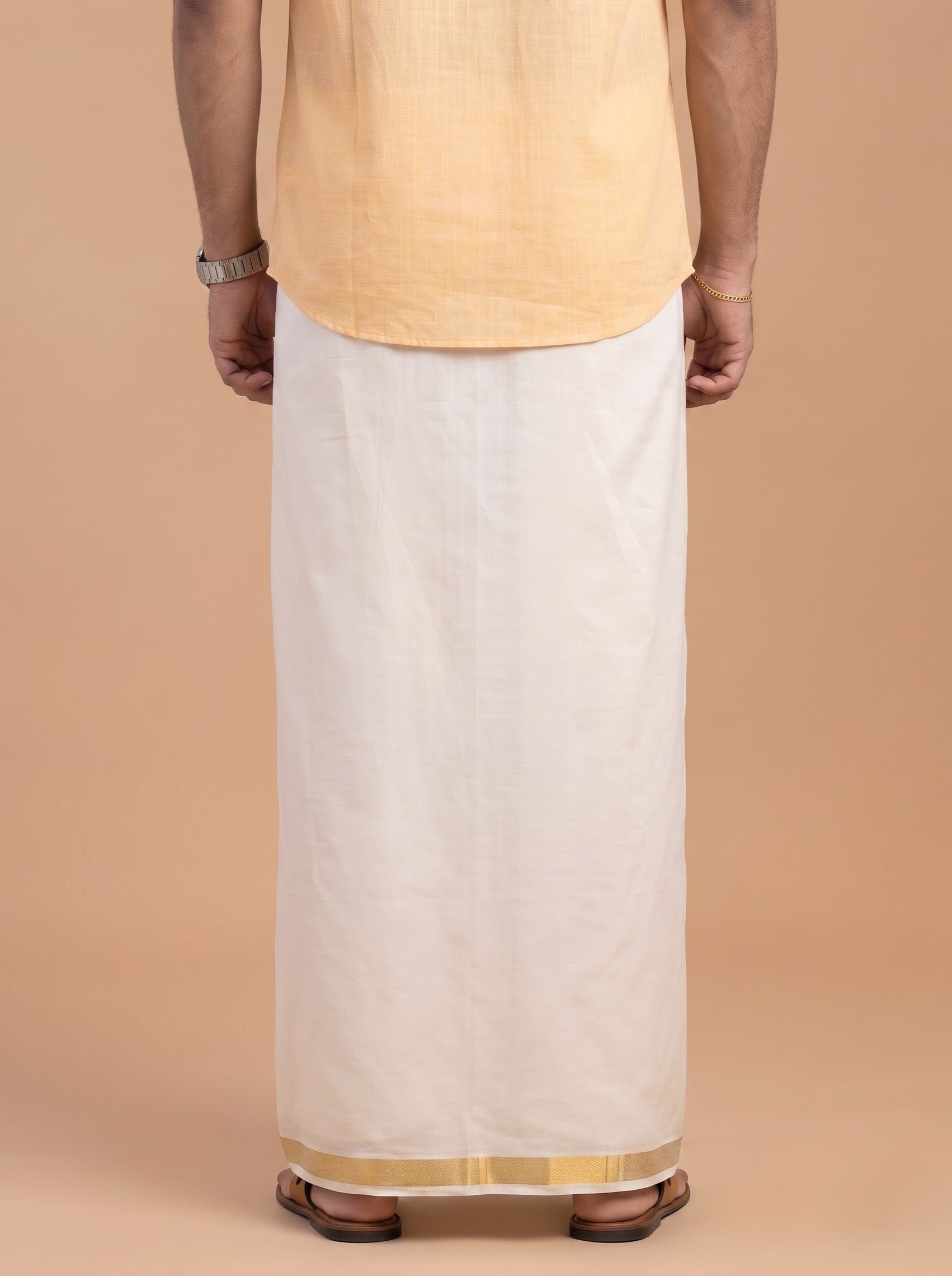 Double Layer Kora Cotton Cream Dhoti with Colour Border - HF Gold HFG03