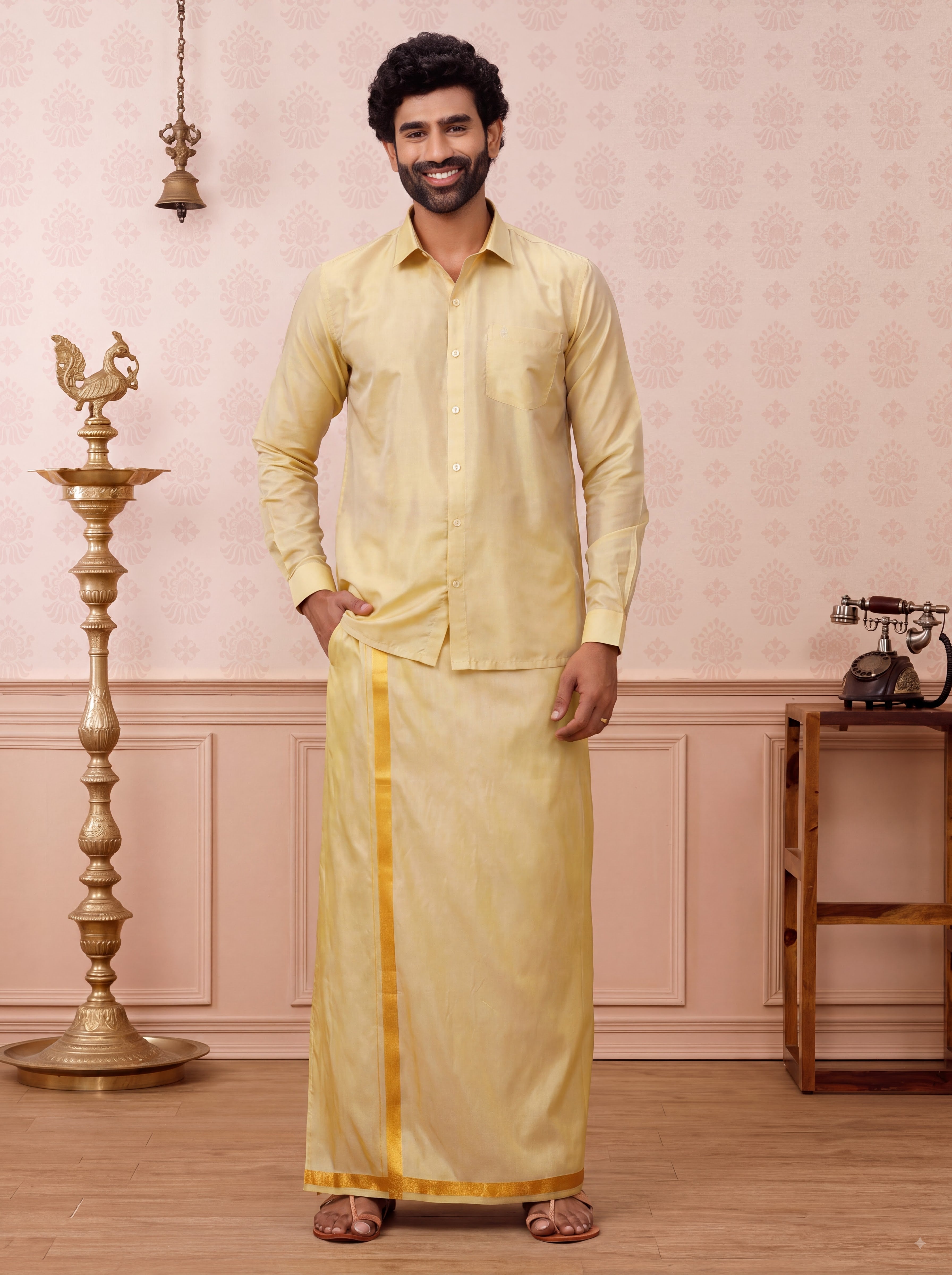 Art Silk Dark Gold Shirt & Dhoti Set